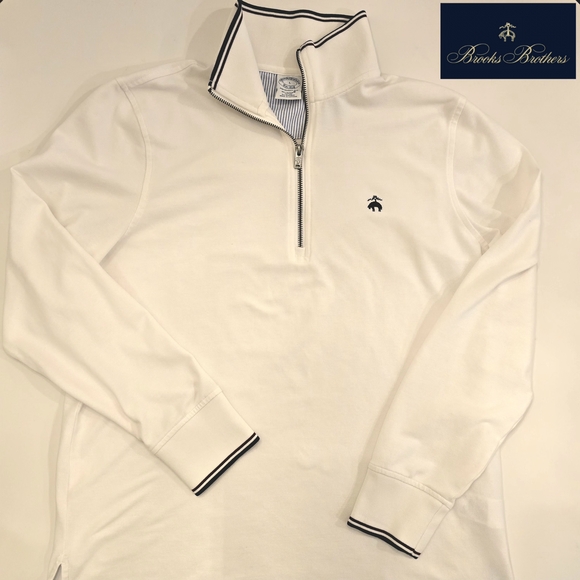 Brooks Brothers Mens Large White Quarter-Zip Pullover w/ Burgendy & Navy Stripe - Picture 1 of 10